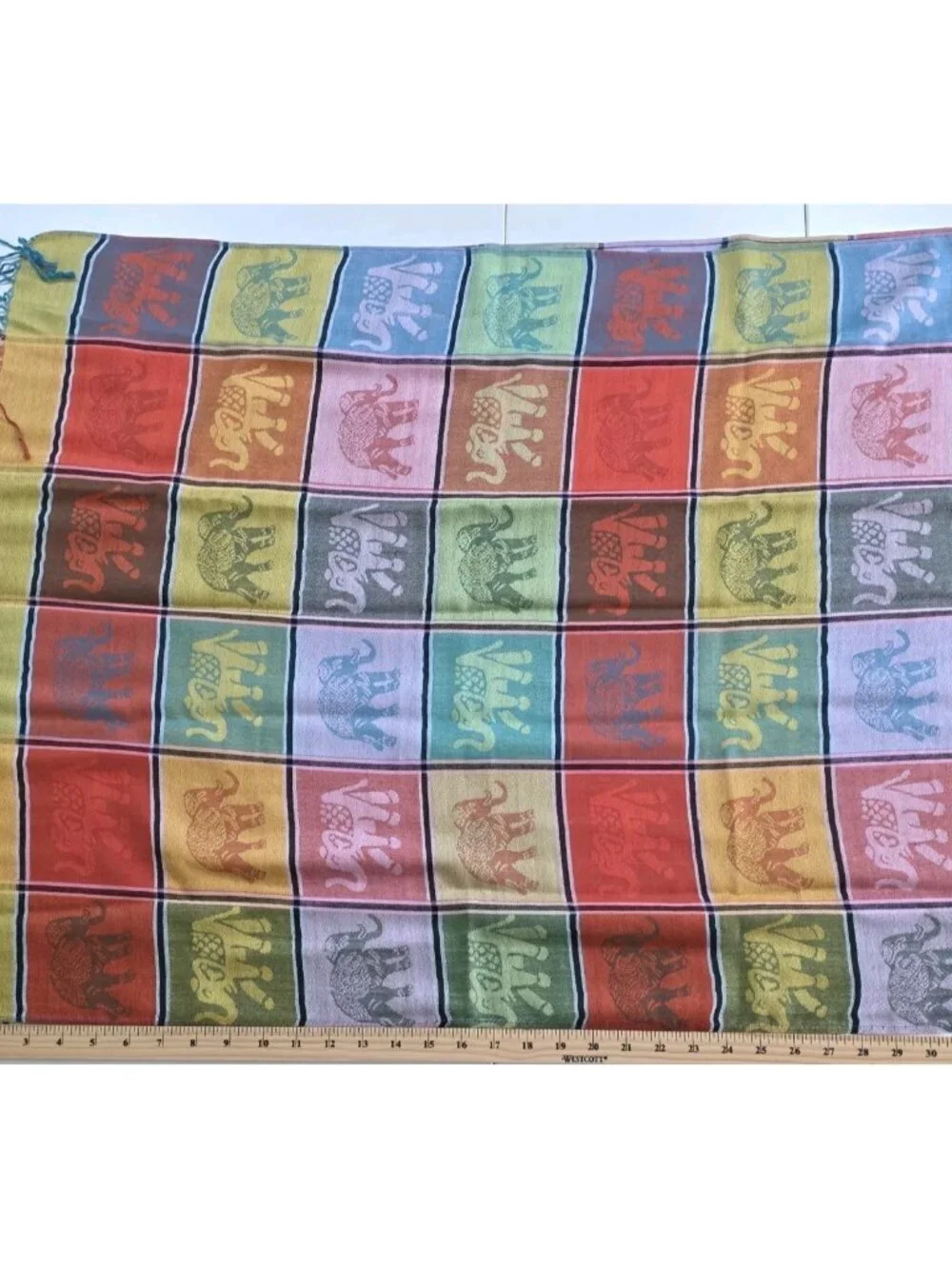 Nareerat Cashmere Pashmina Scarf 27 x 68 Inches Multicolor Elephant Print Fringe